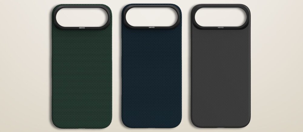 Trzy etui z aramidową fakturą do iPhone Air ustawione pionowo na jasnym tle: zielone, granatowe i ciemnoszare