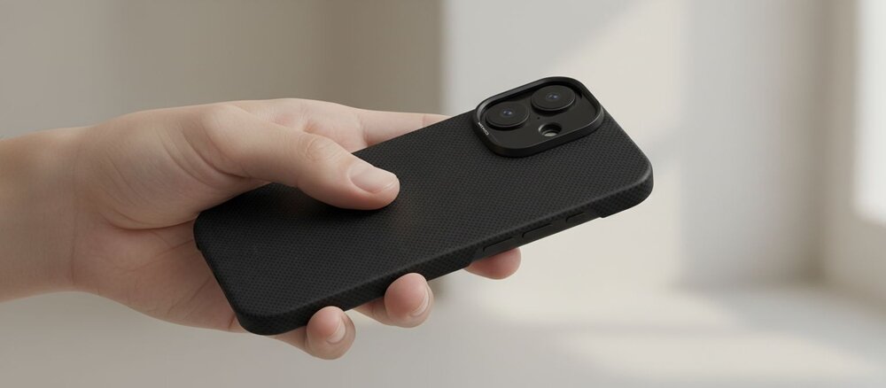 Dłoń trzyma iPhone 17 w czarnym etui o teksturze aramidu na tle jasnego, miękko oświetlonego wnętrza.