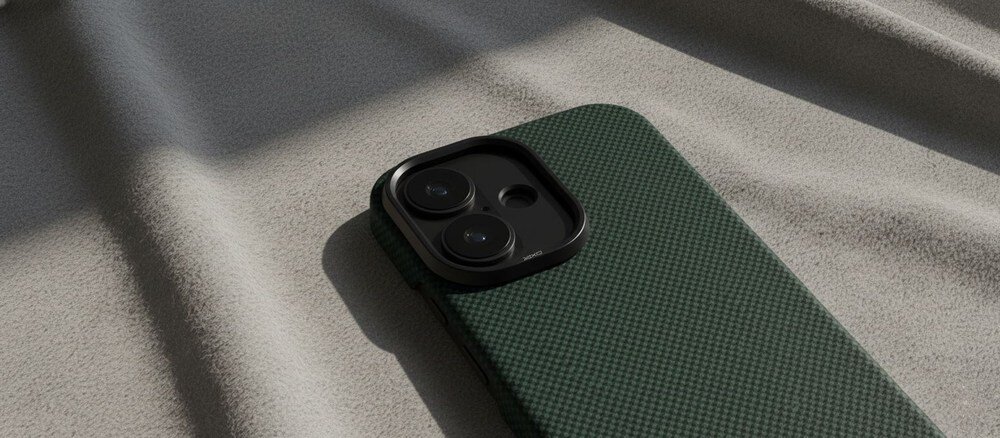 Zbliżenie modułu aparatu i aramidowej faktury ciemnozielonego etui do iPhone 17 leżącego na pofałdowanej, jasnoszarej tkaninie