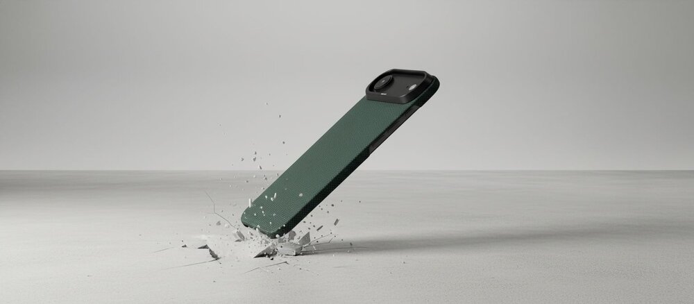 Zielone etui z aramidową fakturą do iPhone Air uderza o jasną podłogę, rozbijając ją na odłamki, co symbolizuje wzmocnioną ochronę przy upadku.