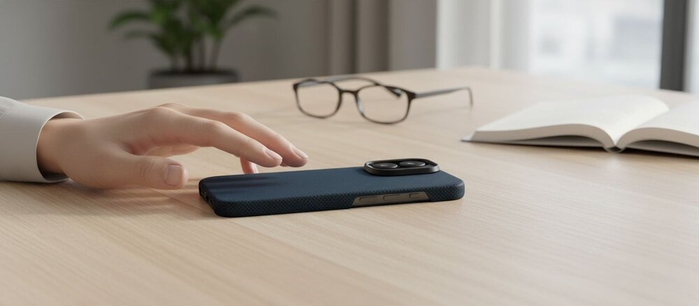 Dłoń sięga po granatowe etui do iPhone 17 leżące na jasnym biurku, w tle widać okulary i otwartą książkę.
