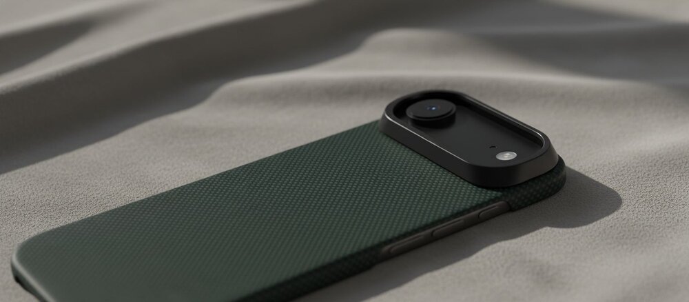 Zielone etui z aramidowego materiału na iPhone Air leży na pofałdowanej, jasnoszarej tkaninie, z wyeksponowaną poziomą wyspą aparatu.