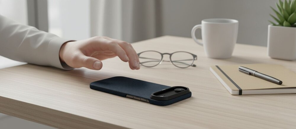 Dłoń sięga po granatowe etui z aramidową fakturą do iPhone Air leżące na biurku, obok okularów, kubka, notesu i długopisu.