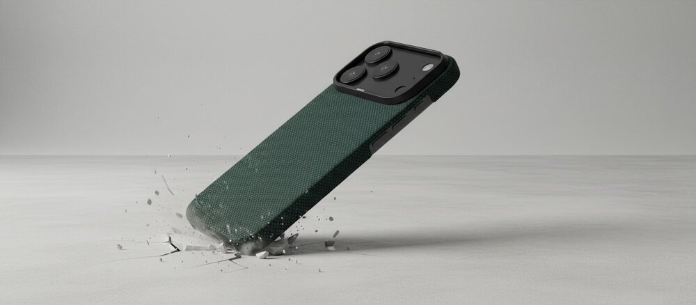 iPhone 17 Pro w zielonym etui YAXO z włókna aramidowego uderzający rogiem o podłogę, rozsypujące się odłamki betonu podkreślają ochronę telefonu przed upadkiem