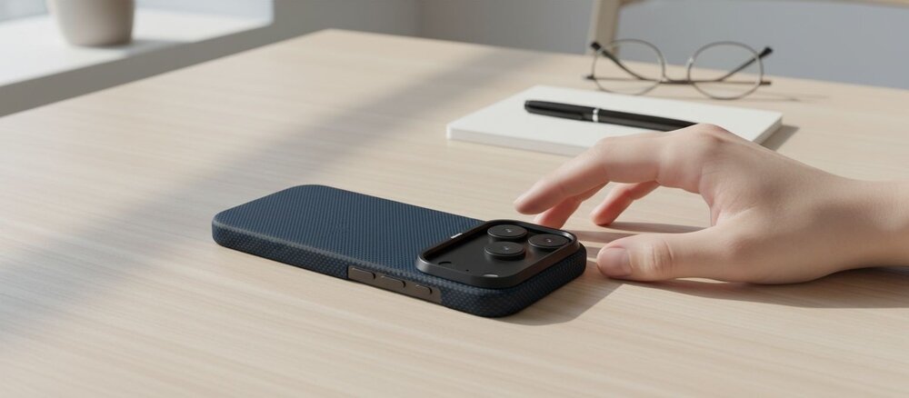 iPhone 17 Pro w granatowym etui YAXO z włókna aramidowego leżący tyłem do góry na drewnianym biurku, obok dłoń sięga po telefon, widoczne okulary i notatnik