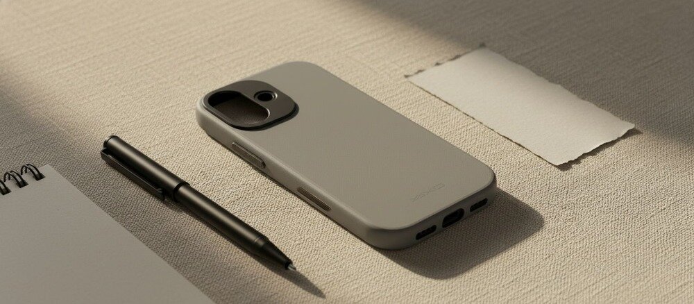 Jasnoszare etui do iPhone 17 leży na teksturowanej powierzchni obok czarnego długopisu, notesu i paska papieru w ciepłym świetle.