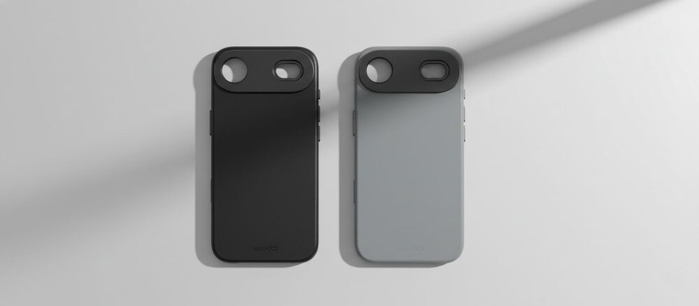 Dwa etui do iPhone Air na jasnym tle: czarne po lewej i szare po prawej, oświetlone skośnym promieniem światła.