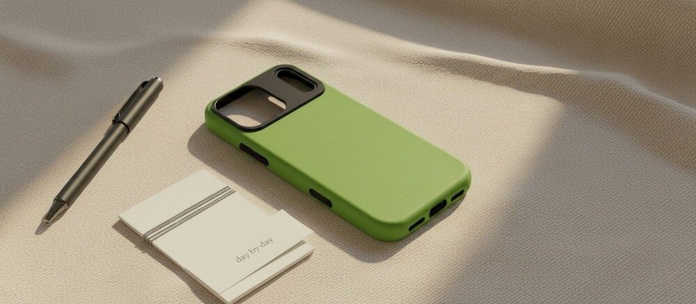 Zielone etui do iPhone 17 Pro leży na jasnej, teksturowanej tkaninie obok ciemnego długopisu i małego notesu z napisem „day by day”