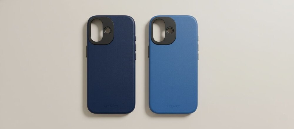 Dwa etui do iPhone 17 ustawione pionowo na jasnym tle: granatowe po lewej i jasnoniebieskie po prawej, oba z czarną wyspą aparatu.