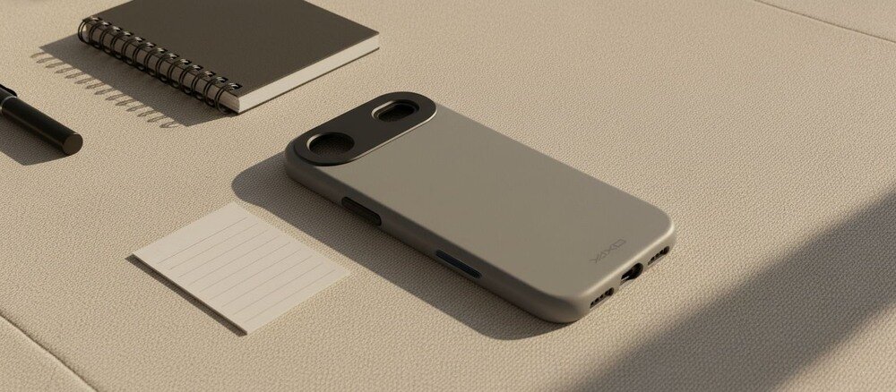 Szare etui do iPhone Air leży na beżowym biurku obok notesu, czarnego długopisu i małej kartki w linię.