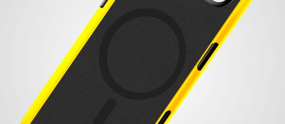Zbliżenie wnętrza żółtego etui do iPhone Air z widocznym ciemnym okręgiem systemu MagSafe.