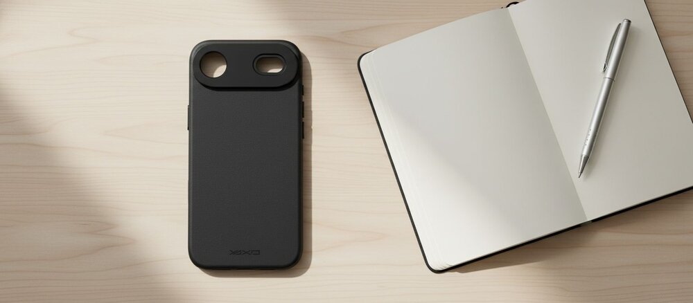 Czarne etui do iPhone Air leży na jasnym drewnianym biurku obok otwartego notesu i srebrnego długopisu.