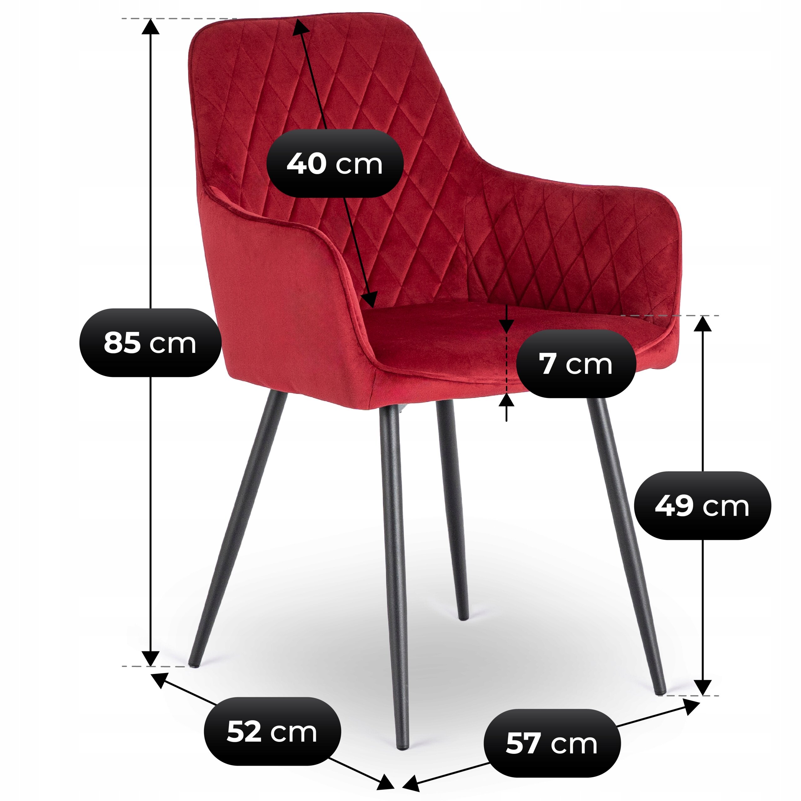 Krzesło tapicerowane w kolorze bordowym z weluru, z czarnymi nogami. Na obrazie widoczne są wymiary: 85 cm wysokości, 40 cm wysokości oparcia, 7 cm grubości siedziska, 49 cm wysokości siedziska, 52 cm szerokości i 57 cm głębokości.