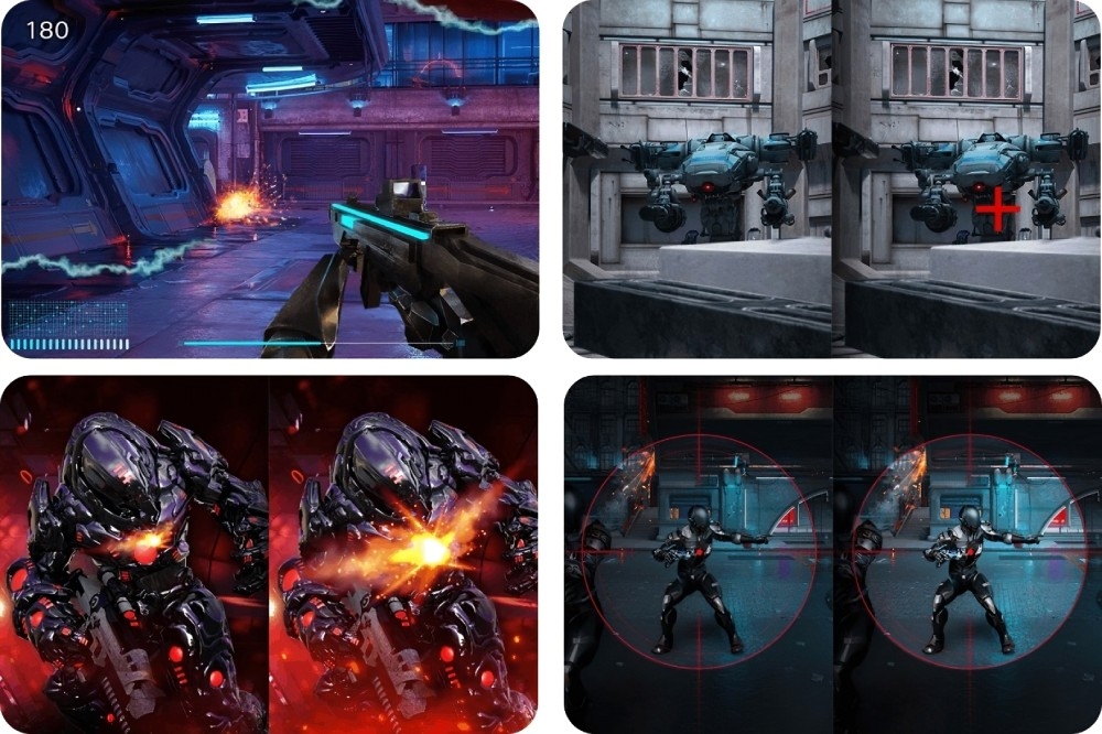 Monitor LG UltraGear 27GS75Q-B 27 2560x1440px IPS 200Hz 1 ms [GTG] cztery ujęcia z gier pokazujące działanie funkcji dla graczy Dynamic Action Sync celownik Crosshair Black Stabilizer licznik FPS