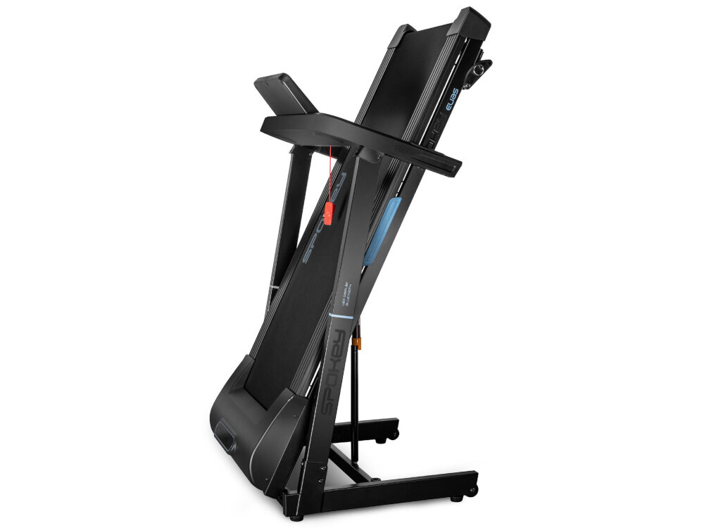 Bieżnia elektryczna SPOKEY Elias 1500W 14km-h skladana konstrukcja funkcjonalne rozwiazanie wymiary poz zlozeniu 64 x 67 x 135 cm przechowywanie w pionie i poziomie wbudowane kolka transportowe