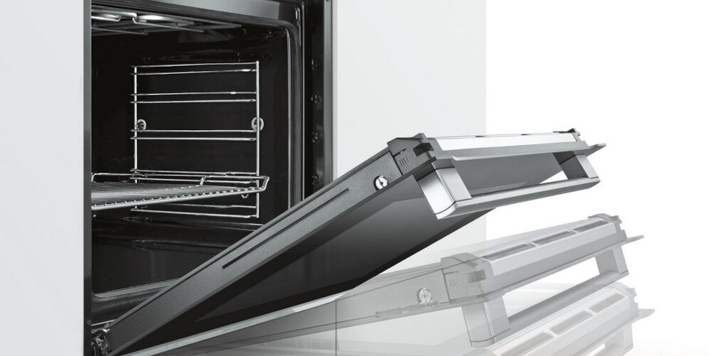 PIEKARNIK BOSCH HBG579EB7 System Soft Close uchylone drzwi otwarte wnętrze mechanizm wygłuszający zapobieganie trzaskaniu ciche zamykanie otwieranie soft Close open