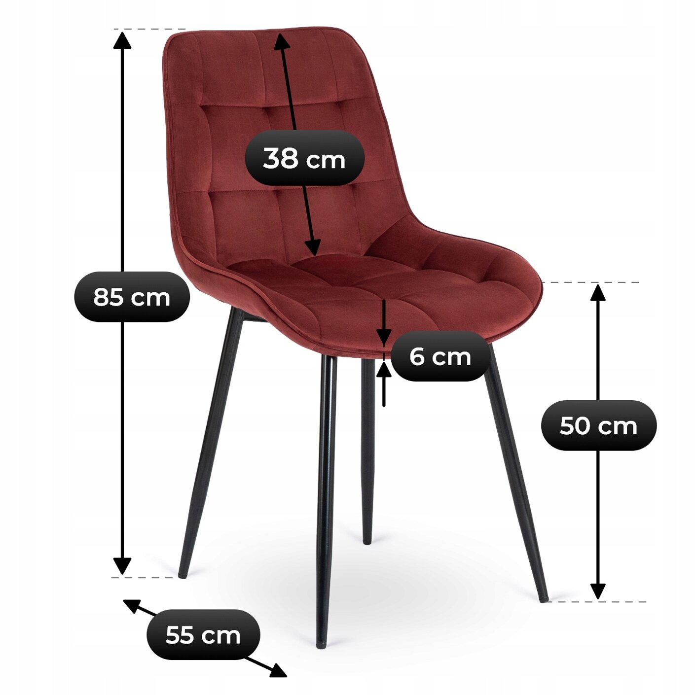 Bordowe krzesło tapicerowane welurem z czterema czarnymi nogami. Wymiary: wysokość 85 cm, szerokość siedziska 55 cm, głębokość siedziska 38 cm, wysokość siedziska 50 cm, grubość siedziska 6 cm.