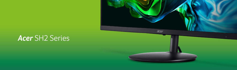 Monitor ACER SH272UG0BMIPHUX 27 cali 2560x1440px IPS 120Hz 1 [VRB] zbliżenie na dolną część monitora na zielonym tle napis z marką i modelem