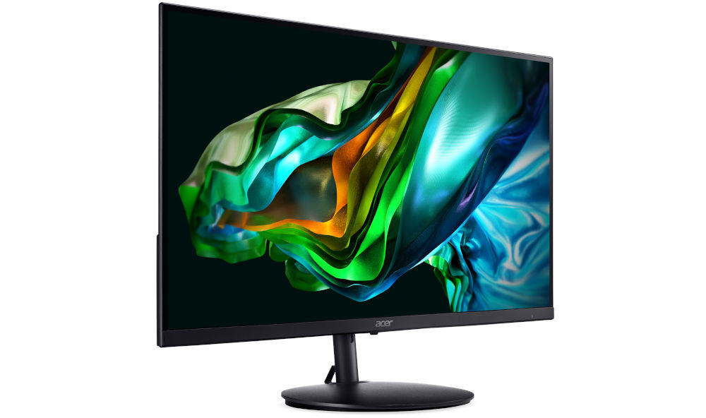 Monitor ACER SH272UG0BMIPHUX 27 cali 2560x1440px IPS 120Hz 1 [VRB] prezentacja monitora od przodu pod kątem na białym tle Acer Flicker-Free z jednolitym podświetleniem ekranu eliminacja zjawiska migotania obrazu komfort patrzenia