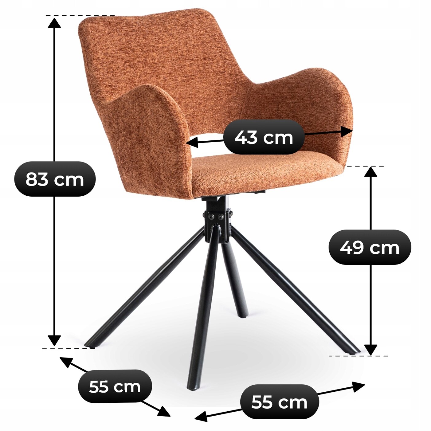 Krzesło tapicerowane w kolorze rudym z czterema metalowymi nogami, oznaczone wymiarami: wysokość 83 cm, szerokość siedziska 43 cm, głębokość siedziska 49 cm, rozstaw nóg 55 cm.