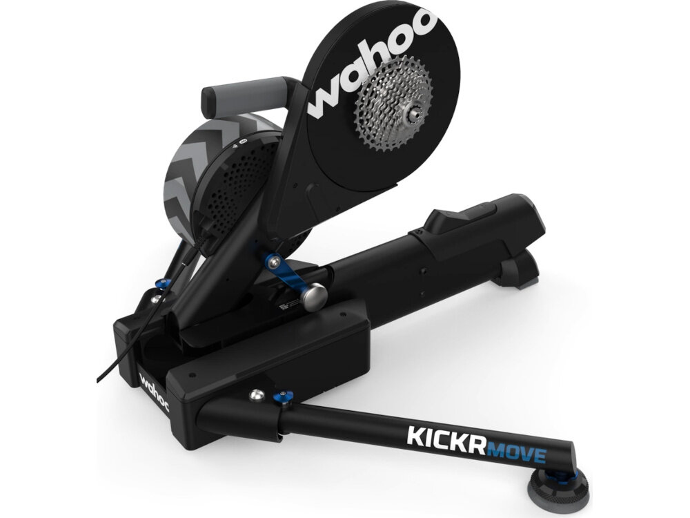 Trenażer rowerowy WAHOO Kickr Move Power Trainer WFBKTR123 trenażer na białym tle solidna stalowa konstrukcja uchwyty pełna stabilność roweru podczas pedałowania bezpieczeństwo treningu