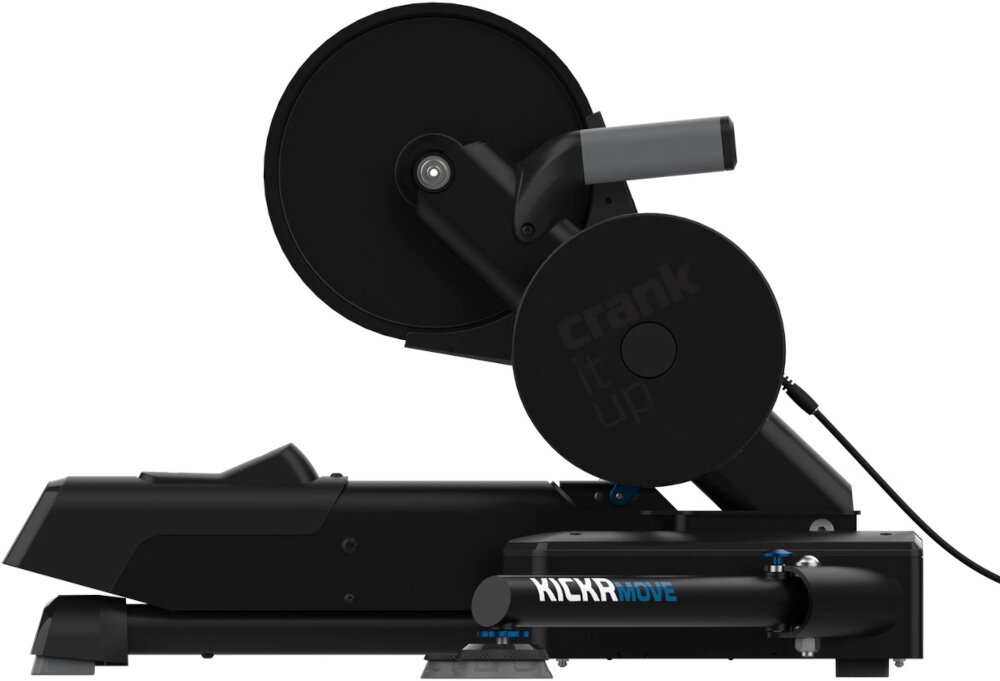 Trenażer rowerowy WAHOO Kickr Move Power Trainer WFBKTR123 trenażer na białym tle widok z boku paskowy układ napędowy koło zamachowe o wadze 7,3 kg naturalna bezwładność roweru płynna praktycznie bezgłośna jazda