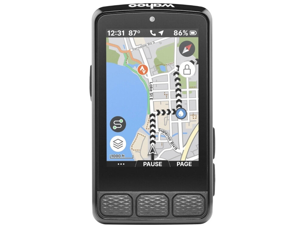 Nawigacja rowerowa WAHOO Elemnt Roam 3 WFCC8 nawigacja na białym tle widoczna od przodu pomaga w  planowaniu prowadzeniu po trasach czytelny ekran funkcje analityczne dwuzakresowy GPS inteligentne funkcje nawigacyjne zapisuje lokalizacje wyznacza optymalną trasę powrotną umożliwia korzystanie z wgranych map