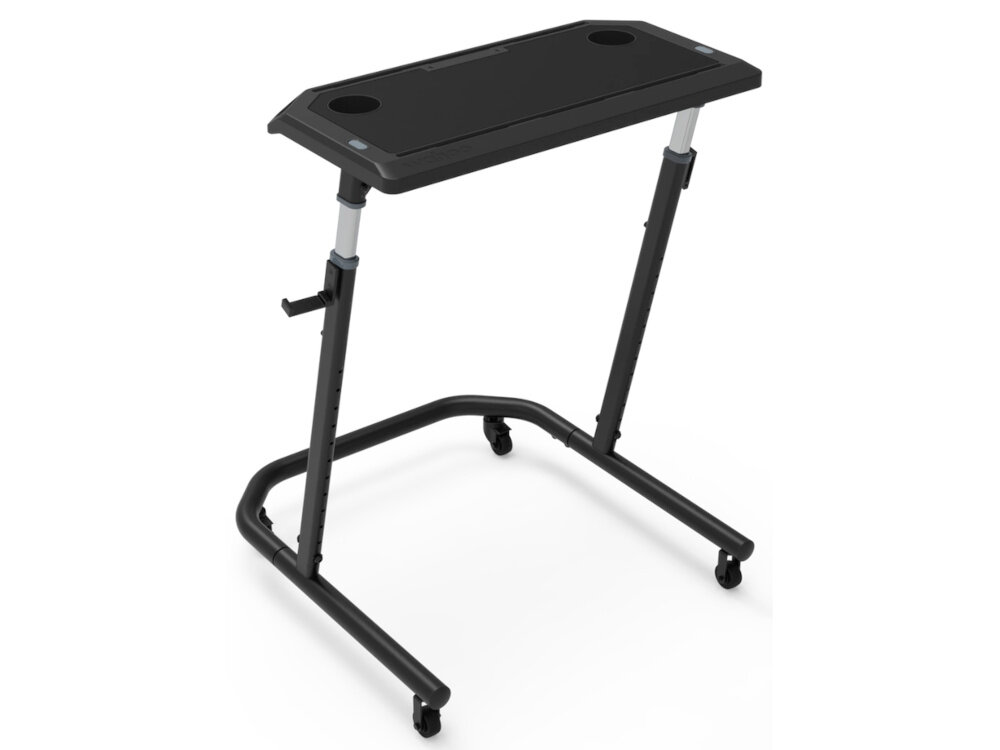 Biurko do trenażera WAHOO KickR Desk V2 WFDESK2 biurko na białym tle widoczne pod skosem w pełni regulowaną wysokość w zakresie od 88,3 do 118,7 cm możliwość podnoszenia i opuszczania blatu zmiana pozycji podczas jazdy na rowerze lub przerw komfort i ergonomia ćwiczeń
