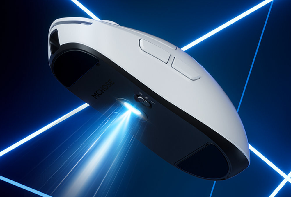 MCHOSE A5 Pro Max sensor optyczny PAW3395 rozdzielczość do 26 000 DPI, prędkość śledzenia do 650 IPS i akcelerację 50G odświeżaniem 1000 Hz opcjonalnego odbiornika trybie bezprzewodowym z 4000 Hz polling rate - myszka od spodu widok na laser