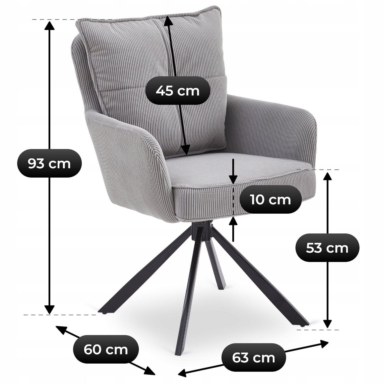 Szare krzesło obrotowe tapicerowane sztruksem z podłokietnikami i czterema metalowymi nogami. Na obrazie widoczne są wymiary: 93 cm, 45 cm, 10 cm, 53 cm, 60 cm, 63 cm.