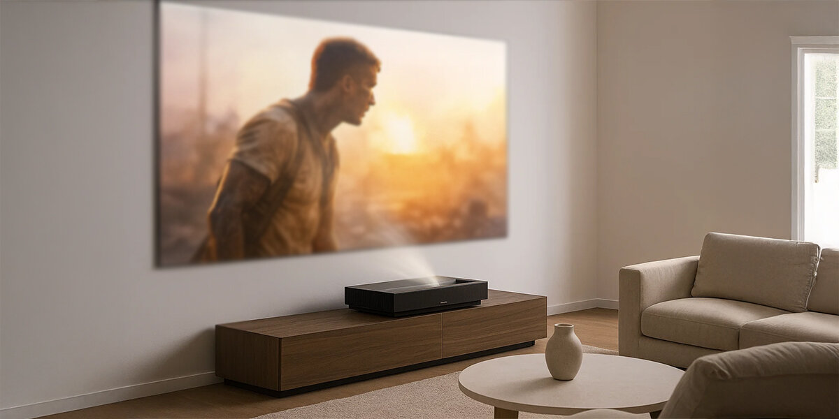 Projektor FORMOVIE Cinema Edge 4K UHD laserowy obraz 2100 ISO lumenów Wi-Fi Bluetooth, projektor stojący na komodzie w pomieszczeniu wyświetlający obraz na ścianie