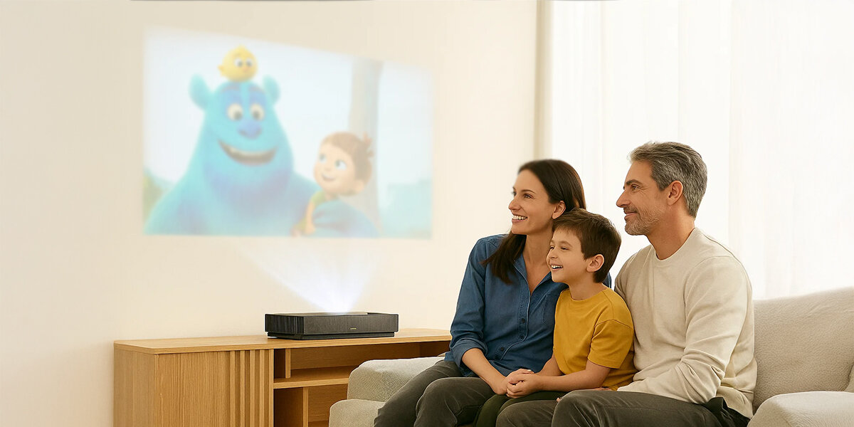 Projektor FORMOVIE Cinema Edge komfort wzroku niskie hałasy ekonomiczny laser ALPD żywotność, projektor stojący na komodzie w pomieszczeniu, rodzina siedząca na kanapie