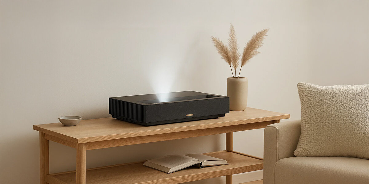 Projektor FORMOVIE Cinema Edge Wi-Fi Bluetooth HDMI 2.1 ultra-krótki rzut Motorized Focus korekcja trapezowa, projektor stojący na stoliku w pomieszczeniu