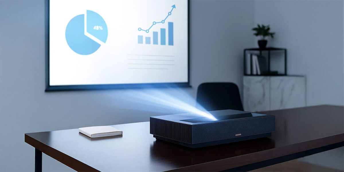 Projektor FORMOVIE Cinema Edge 4K UHD HDR10 MEMC Dolby Audio DTS-HD Google TV Netflix kinowe wrażenia, projektor stojący na biurku w pomieszczeniu wyświetlający prezentacje firmową