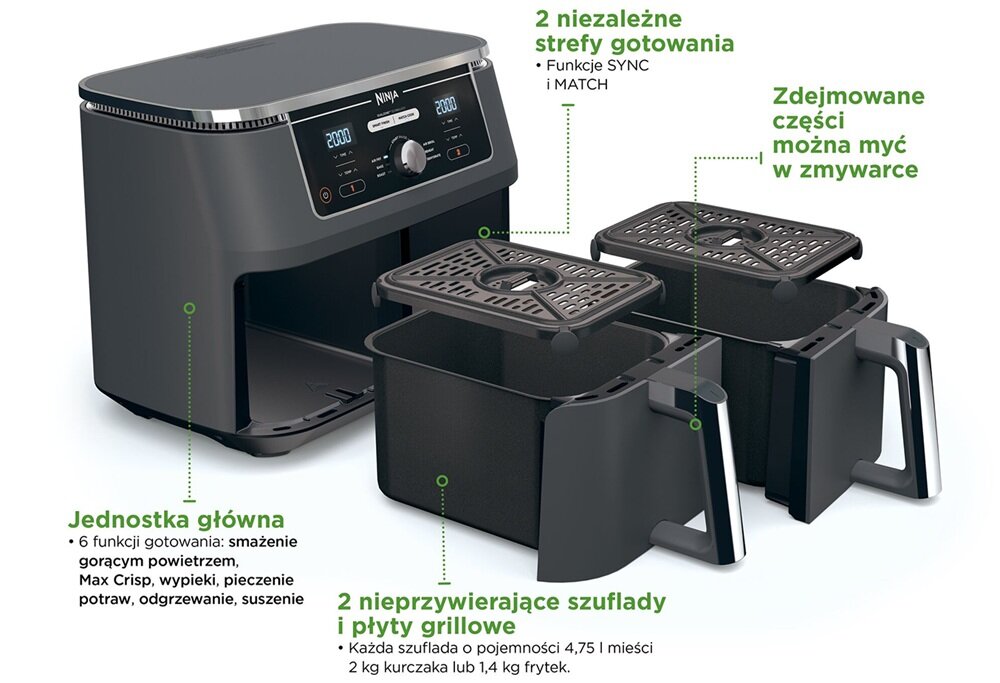 Air fryer Frytkownica beztłuszczowa NINJA Dual Zone DZ300EU 7,6 l Szary zawartość zestawu, koniec opisu