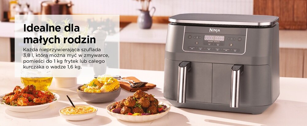 Air fryer Frytkownica beztłuszczowa NINJA Dual Zone DZ300EU 7,6 l Szary dla mniejszych jak i większych rodzin, używanie jednej lub dwóch komór, nieprzywierające szuflady