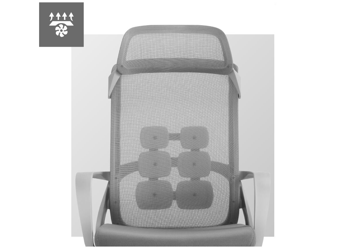 Fotel MARK ADLER Manager 3.6 Szary, Mesh HS, tkanina, przepływ, powietrze, na białym tle zbliżenie na oparcie fotela