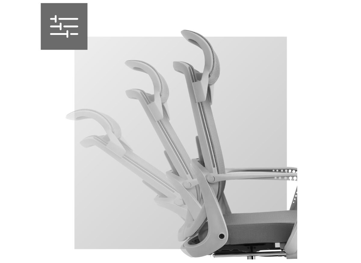 Fotel MARK ADLER Manager 3.6 Szary, odchylenie, kąt, 135, SeatRest, na białym tle wizualizacja regulacji kąta oparcia fotela