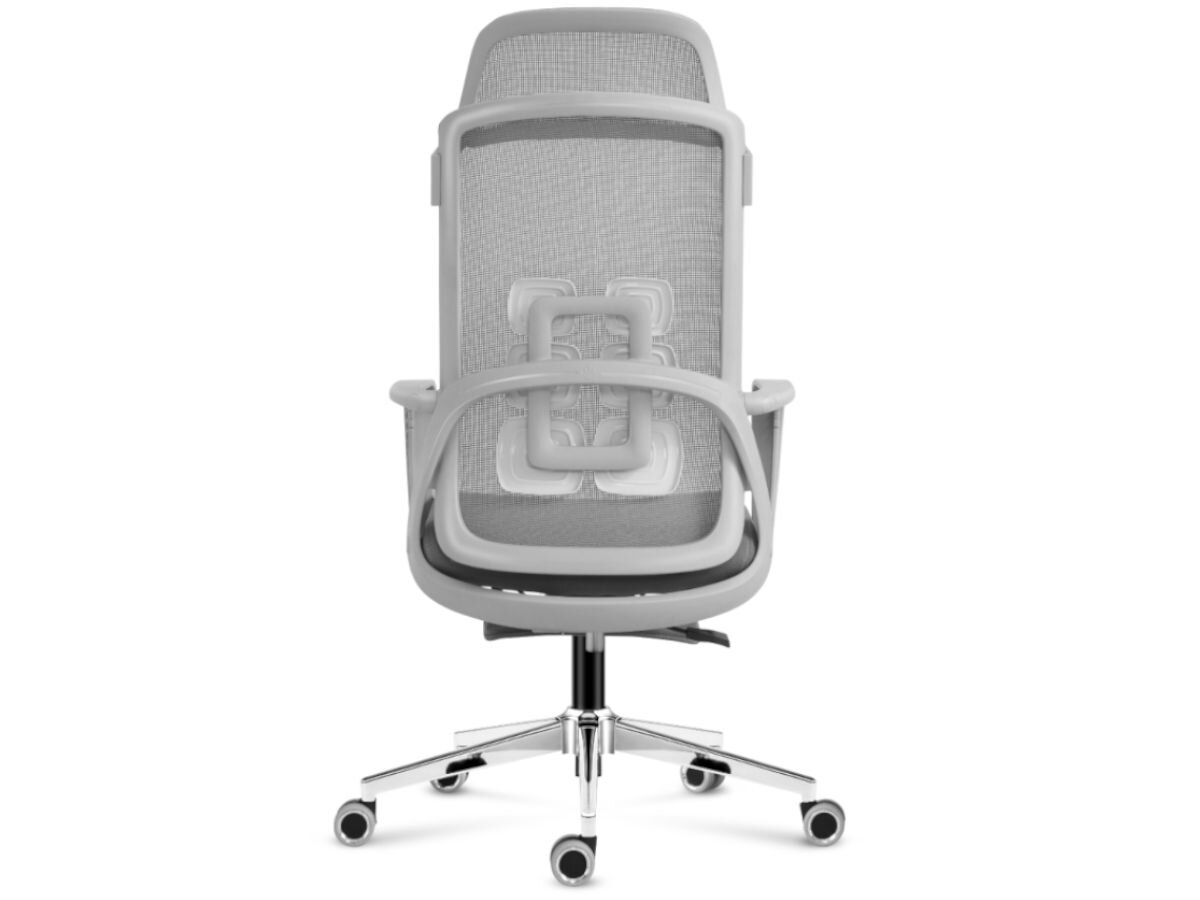 Fotel MARK ADLER Manager 3.6 Szary, siłownik, gaz, 3 BIFMA, stabilność, na białym tle tył fotela frontem na wprost