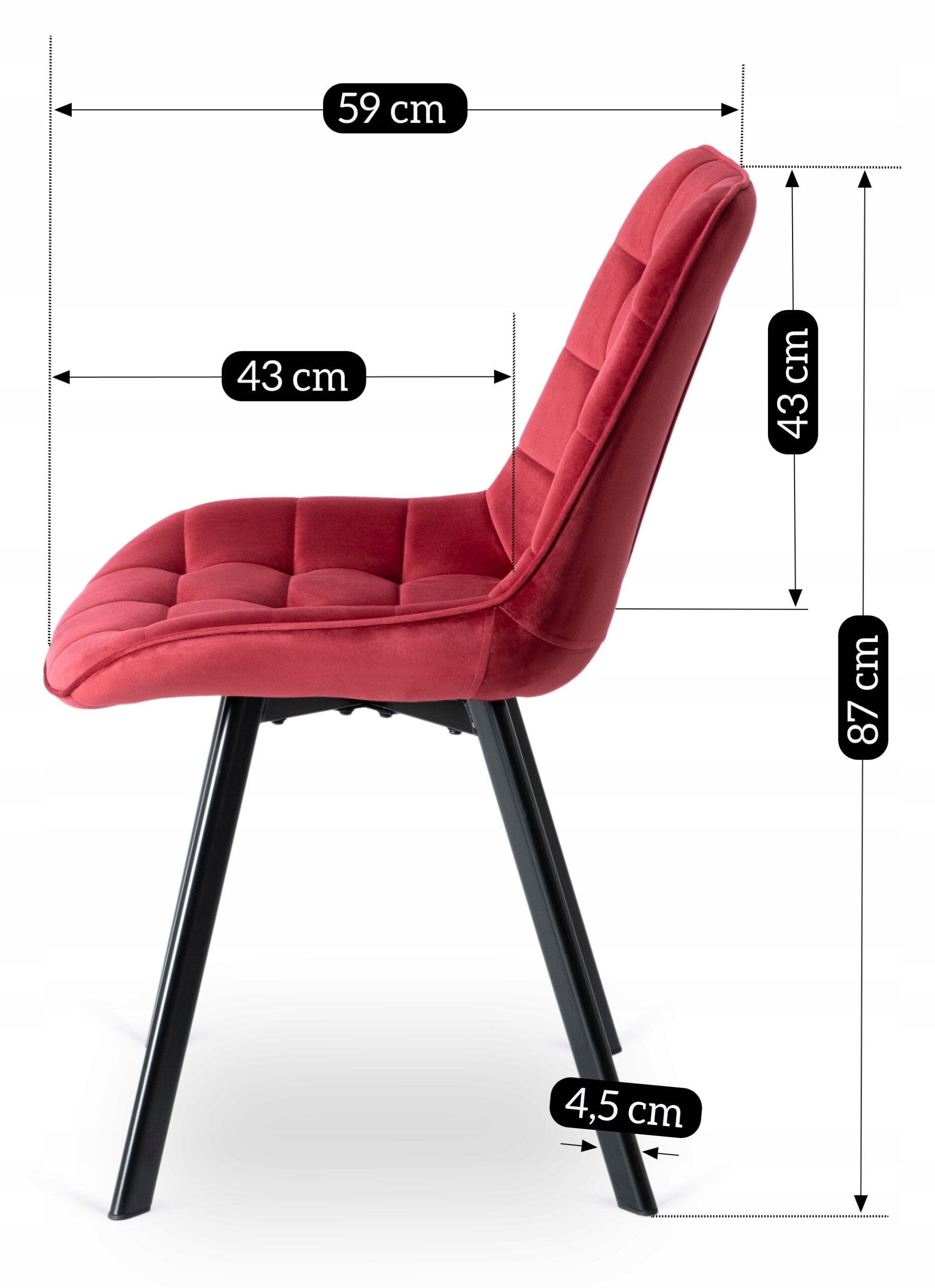 Bordowe krzesło tapicerowane z weluru o wymiarach: szerokość siedziska 59 cm, głębokość siedziska 43 cm, wysokość siedziska 43 cm, całkowita wysokość 87 cm, grubość nóg 4,5 cm. Krzesło posiada czarne, metalowe nogi i pikowane siedzisko.