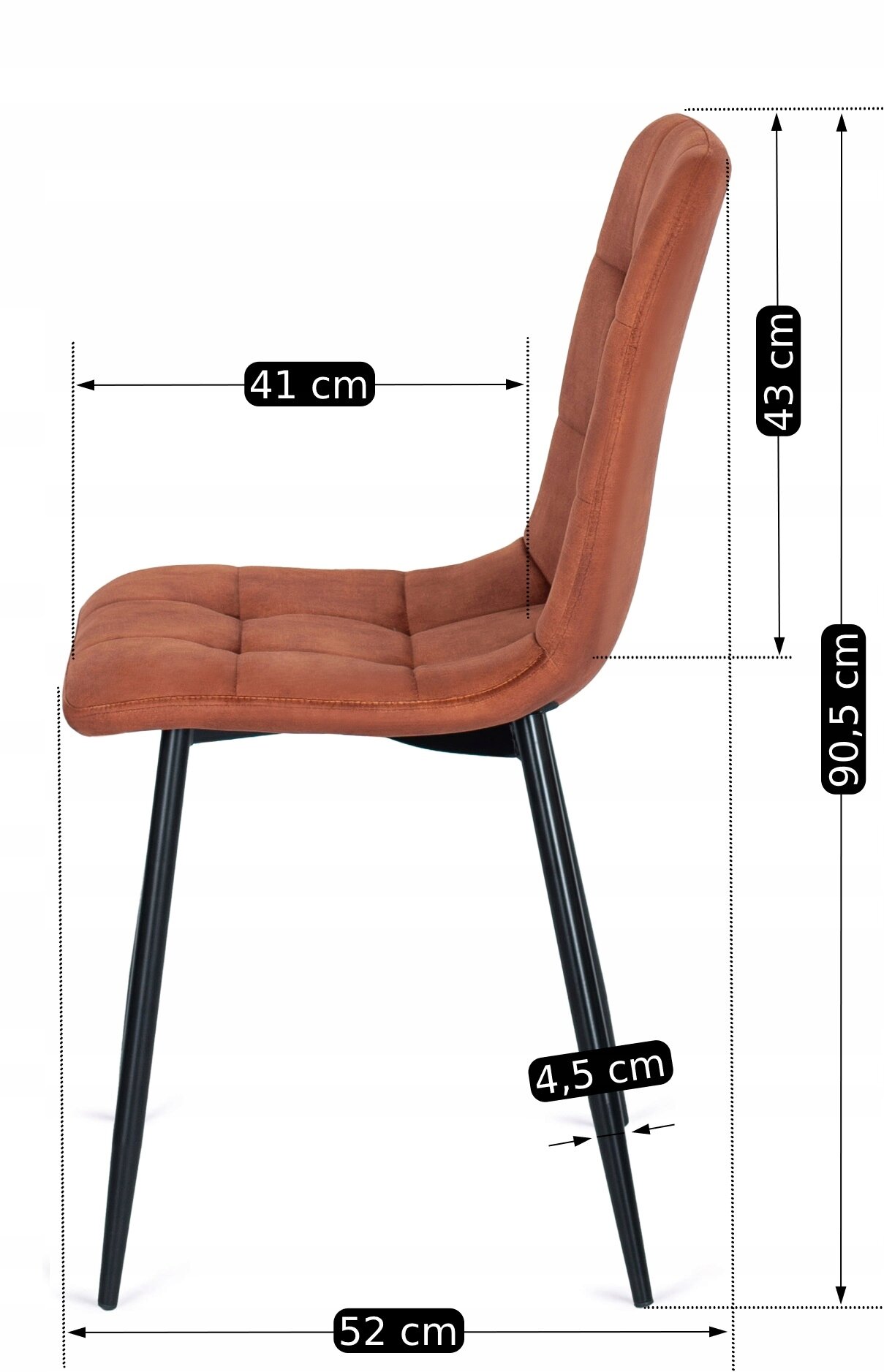 Krzesło tapicerowane w kolorze rudym z weluru, o nowoczesnym designie, z czarnymi metalowymi nogami. Wymiary: wysokość 90,5 cm, głębokość siedziska 41 cm, szerokość 52 cm, wysokość siedziska 43 cm, grubość nóg 4,5 cm.