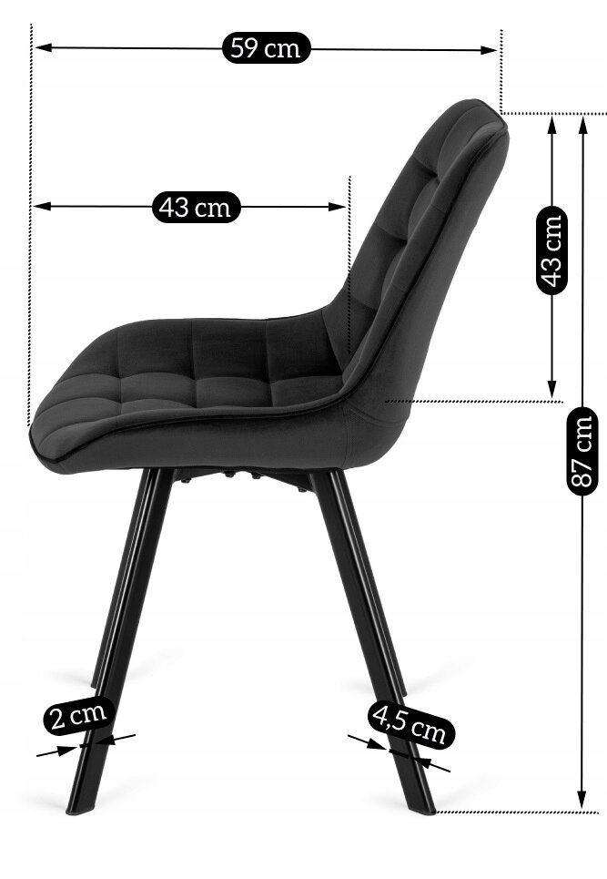 Obraz przedstawia czarne, tapicerowane krzesło z metalowymi nogami, z wymiarami: 59 cm szerokości, 43 cm głębokości, 43 cm wysokości siedziska i 87 cm całkowitej wysokości. Grubość nóg wynosi 2 cm i 4,5 cm.