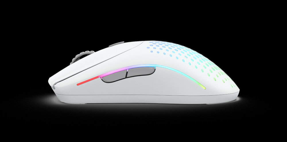 GLORIOUS Model O 2 Wireless symetryczny kształt, 6 programowalnych przycisków lekką konstrukcję FPS, MOBA, MMO i Battle Royale - na czarnym tle pokazana z lewej strony