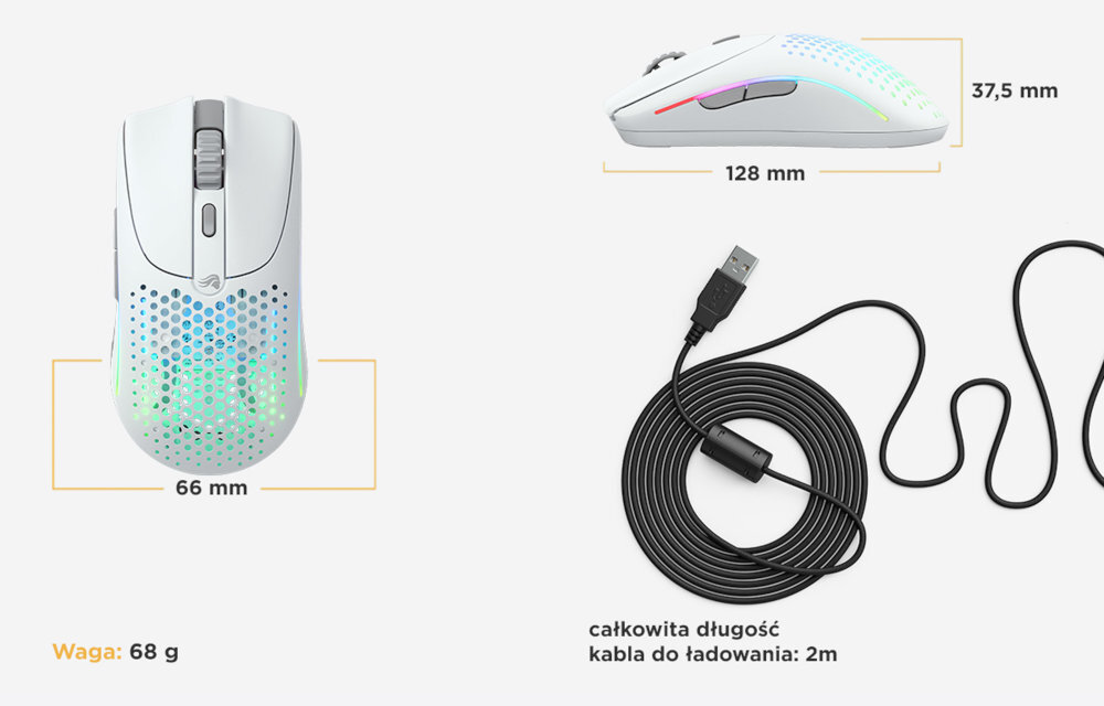 GLORIOUS Model O 2 Symetryczny, oburęczny design średnich i dużych dłoniach Konfigurowalne podświetlenie RGB (16,8 miliona kolorów) przycisków na myszy pełni spersonalizować w oprogramowaniu Glorious CORE DPI, Lift-Off Distance i zaprogramujesz wszystkie 6 przycisków - prezentacja wymiarów myszy oraz dołączonego do zestawu kabla USB