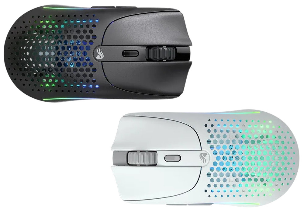 GLORIOUS Model O 2 dwóch kolorach czarnym i białym Czarna wersja jasnym biurkiem i kolorowym podświetleniem RGB biała - prezentacja wymiarów myszy oraz dołączonego do zestawu kabla USB
