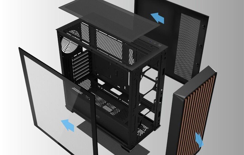 Obudowa DARKFLASH DS900WD ATX Widok rozłożonej obudowy PC z demontowalnymi panelami bocznymi i górnymi.