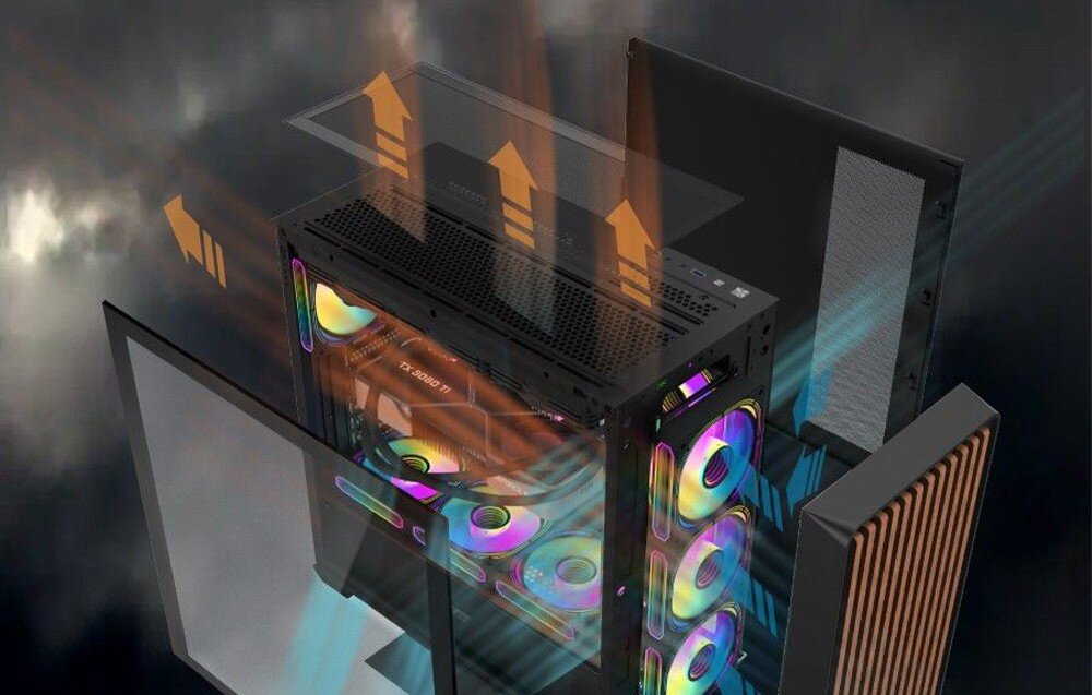 Obudowa DARKFLASH DS900WD ATX Schemat przepływu powietrza w obudowie: zimne wloty z przodu, gorące wyloty górą i tyłem.