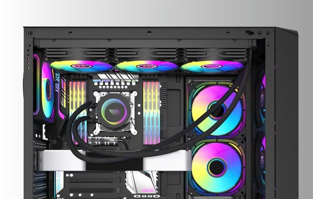 Obudowa DARKFLASH DS900WD ATX Wnętrze komputera z chłodzeniem wodnym AIO i kolorowym podświetleniem RGB.