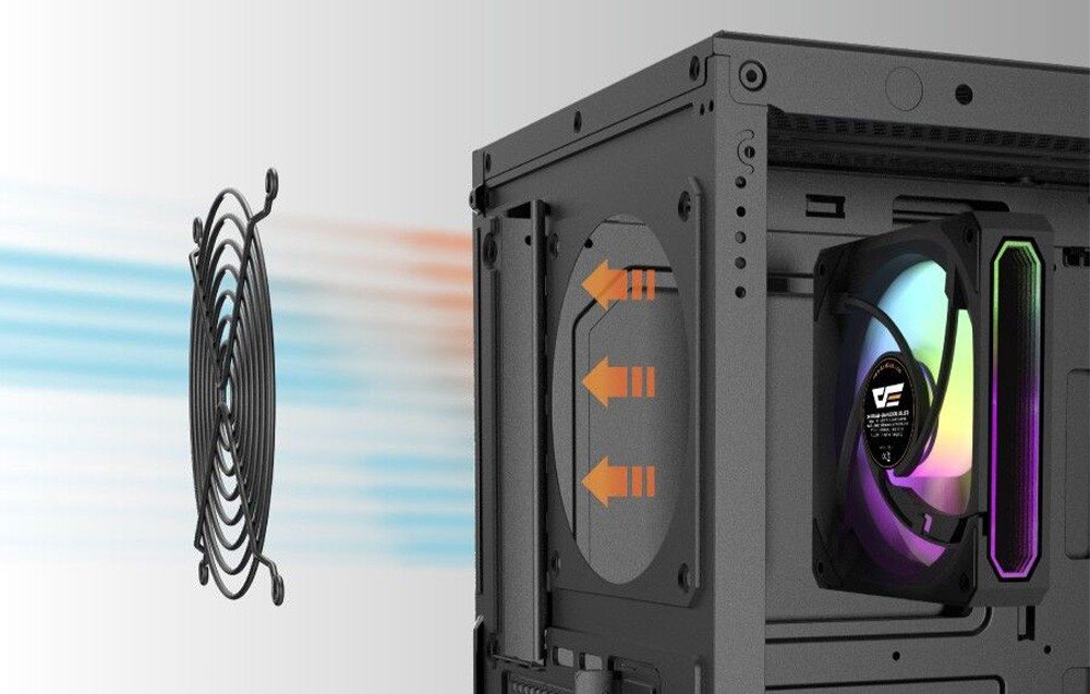 Obudowa DARKFLASH DS900WD ATX Montaż tylnego wentylatora w obudowie PC z metalową osłoną typu grill.