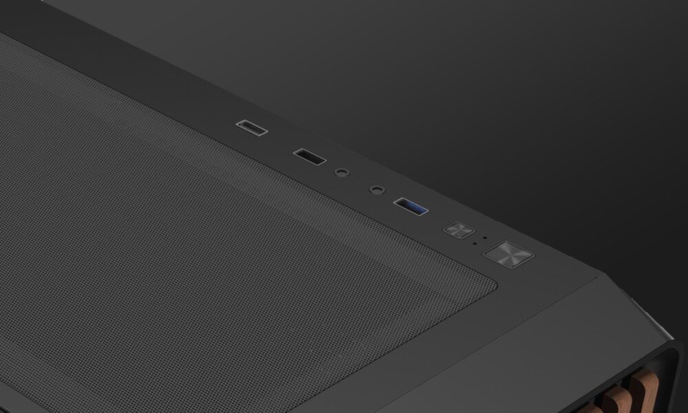 Obudowa DARKFLASH DS900WD ATX Panel górny obudowy z portem USB-C, USB-A i gniazdami audio.